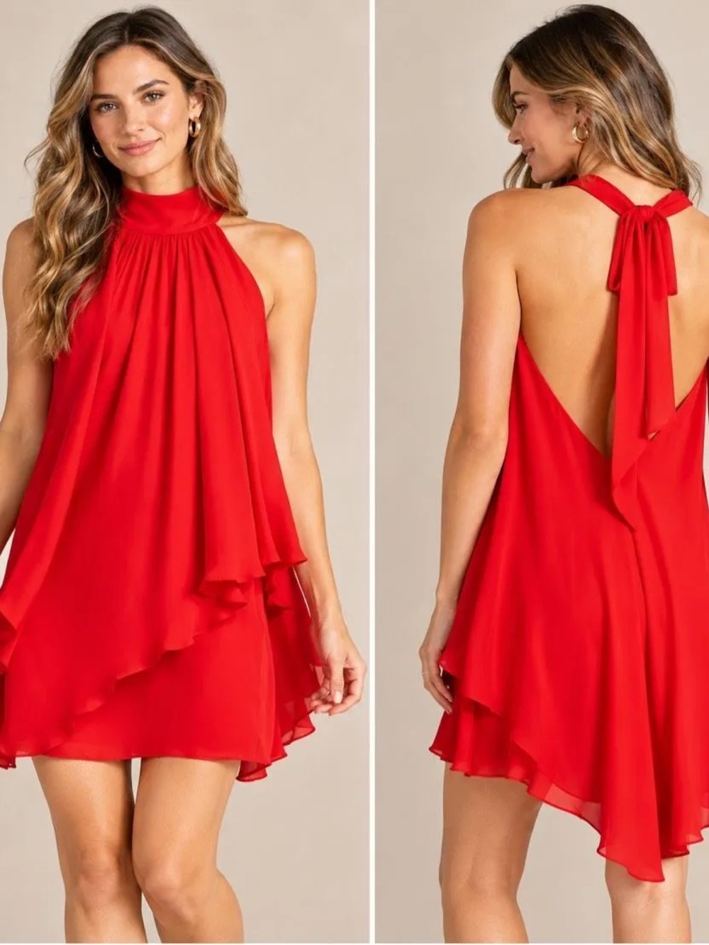 Halston Heritage Red Halter Tie-Back Ruffle Mini Dress